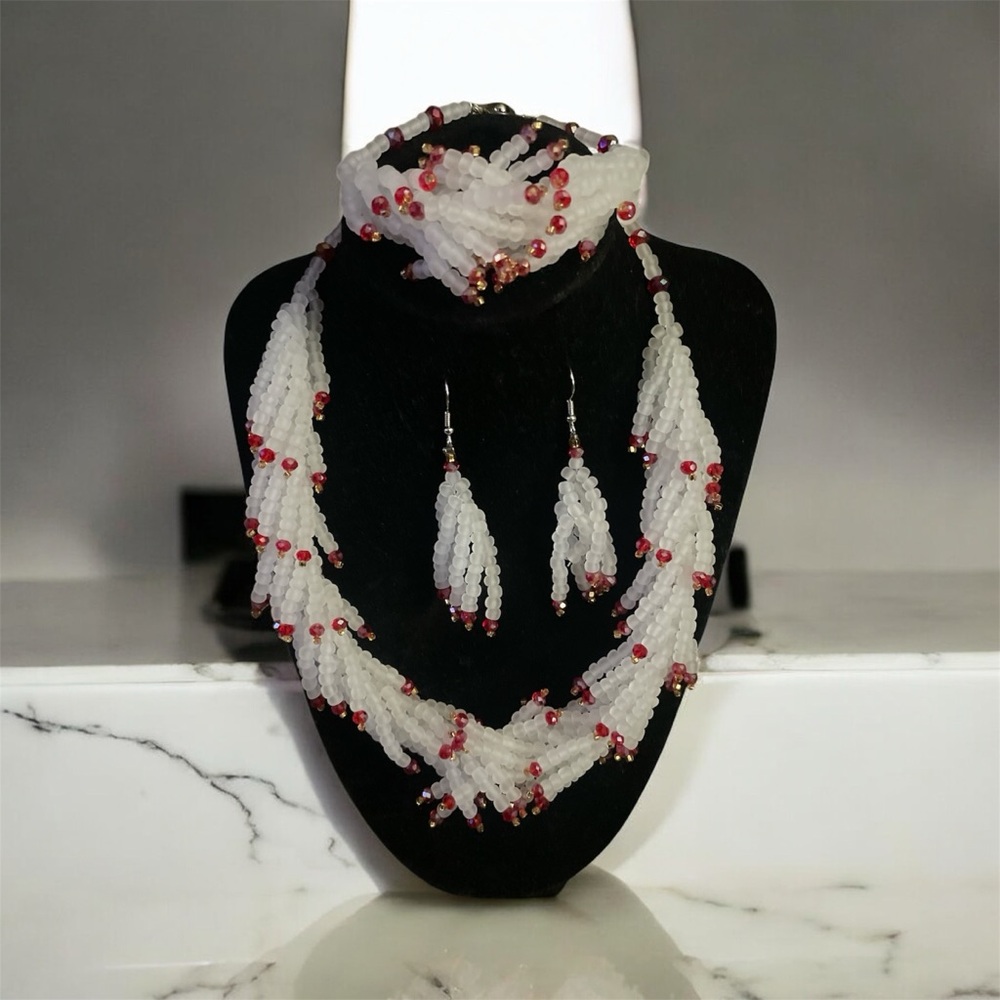 Elegant Hand Crafted White and Red Beaded Jewelry Set from Ghana